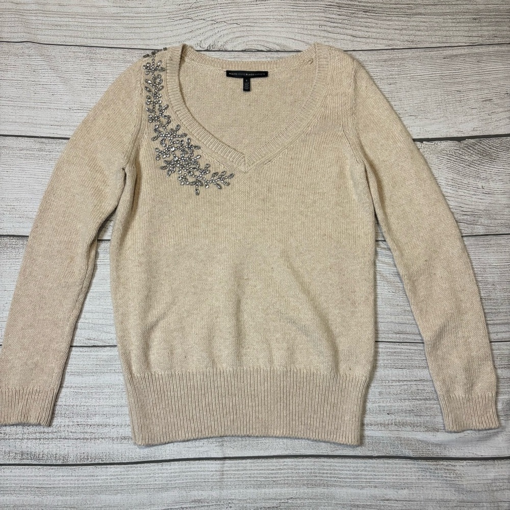 White House Black Market Ivory Knit Sweater Rhinestone Embellishment Size Small‎